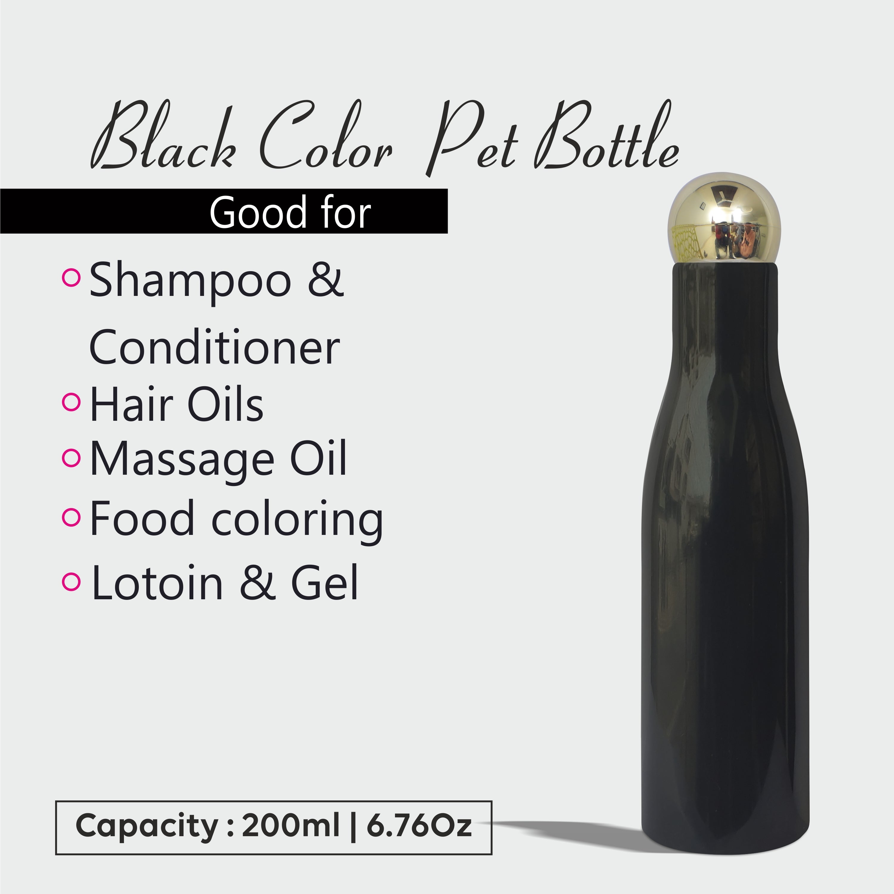 Black Color Bottle With Golden Dome Cap For Toner, Serum, Shampoo, Conditioner-200ml [ZMK02]