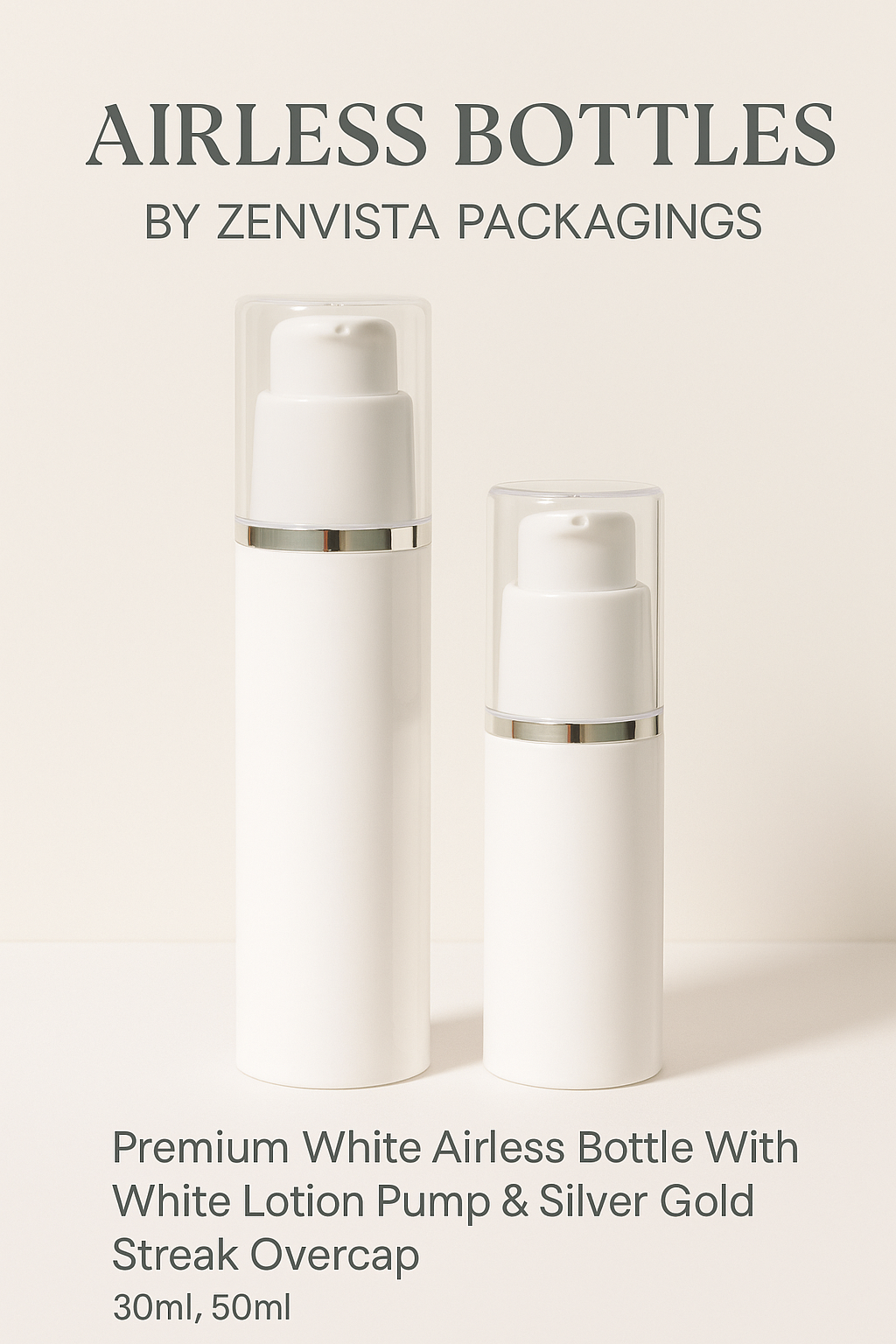 [ZMW119] White Airless Bottle With Lotion Pump & Silver Streak Over Cap