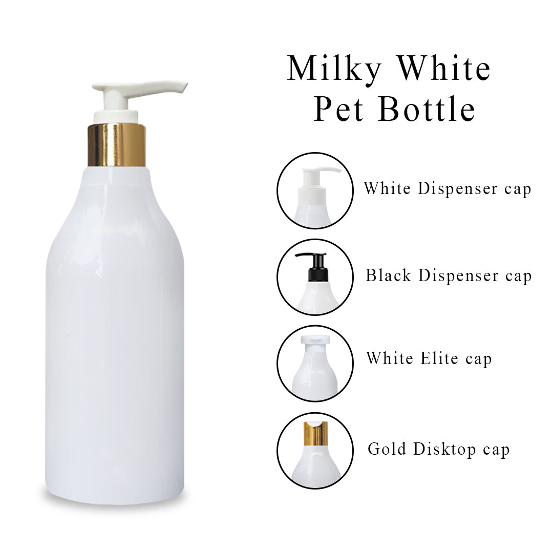 (ZMW93) MILKY WHITE BOTTLE WITH GOLD PLATED DISPENSER PUMP 300ml