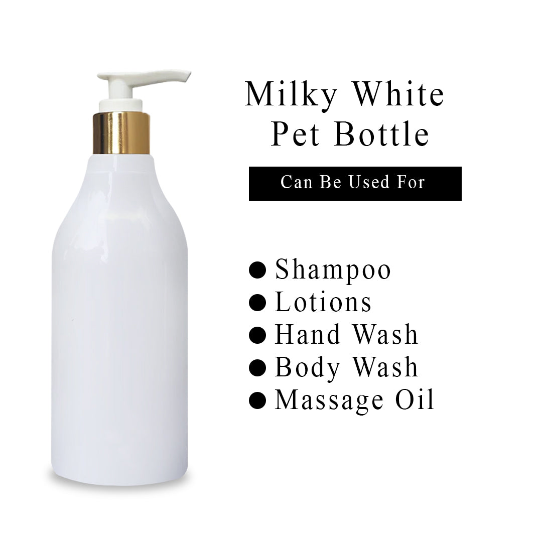 (ZMW93) MILKY WHITE BOTTLE WITH GOLD PLATED DISPENSER PUMP 300ml