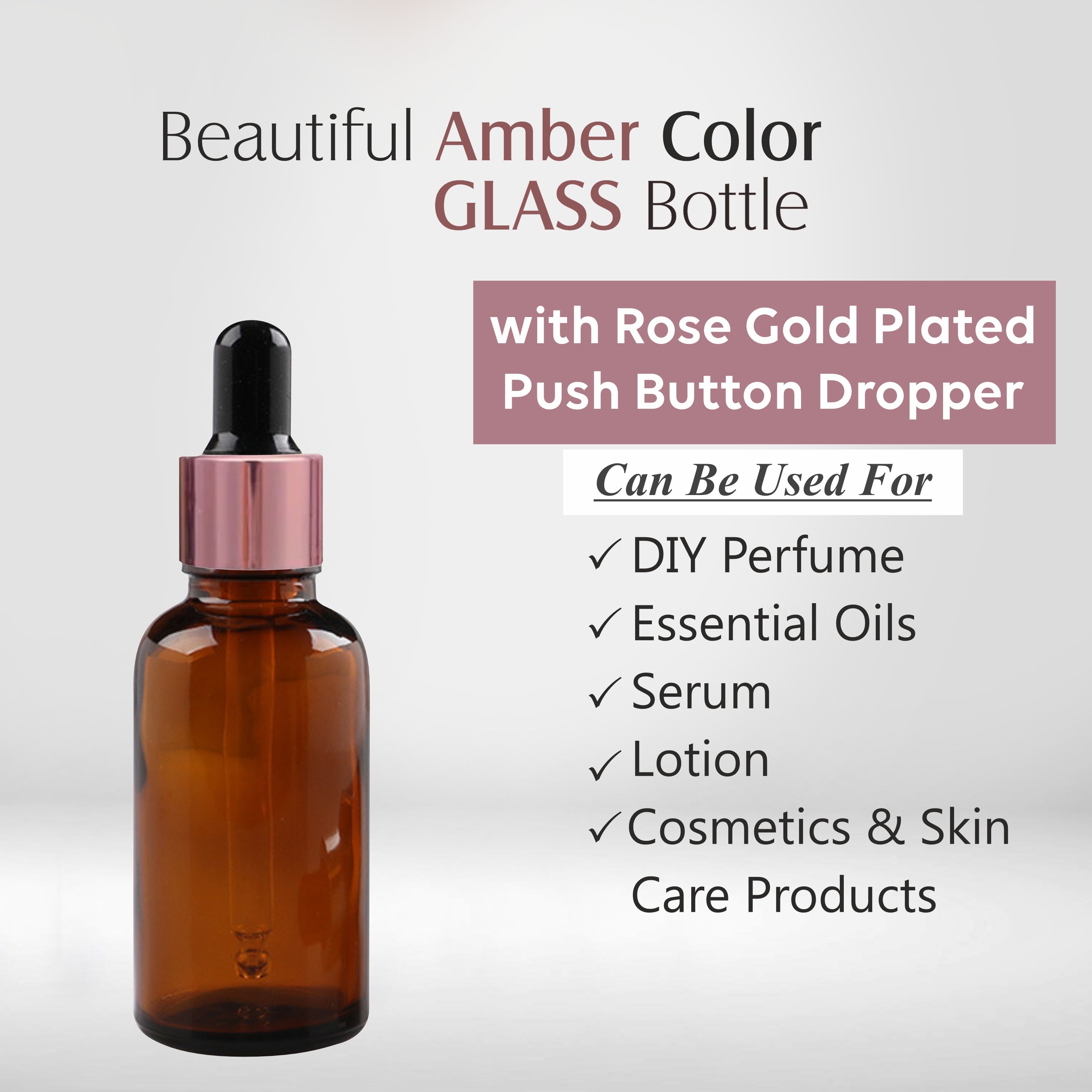 Amber Color Glass Bottle With Rose Golden Plated Dropper [ZMG50] | 10ml, 20ml, 15ml, 30ml, 25ml