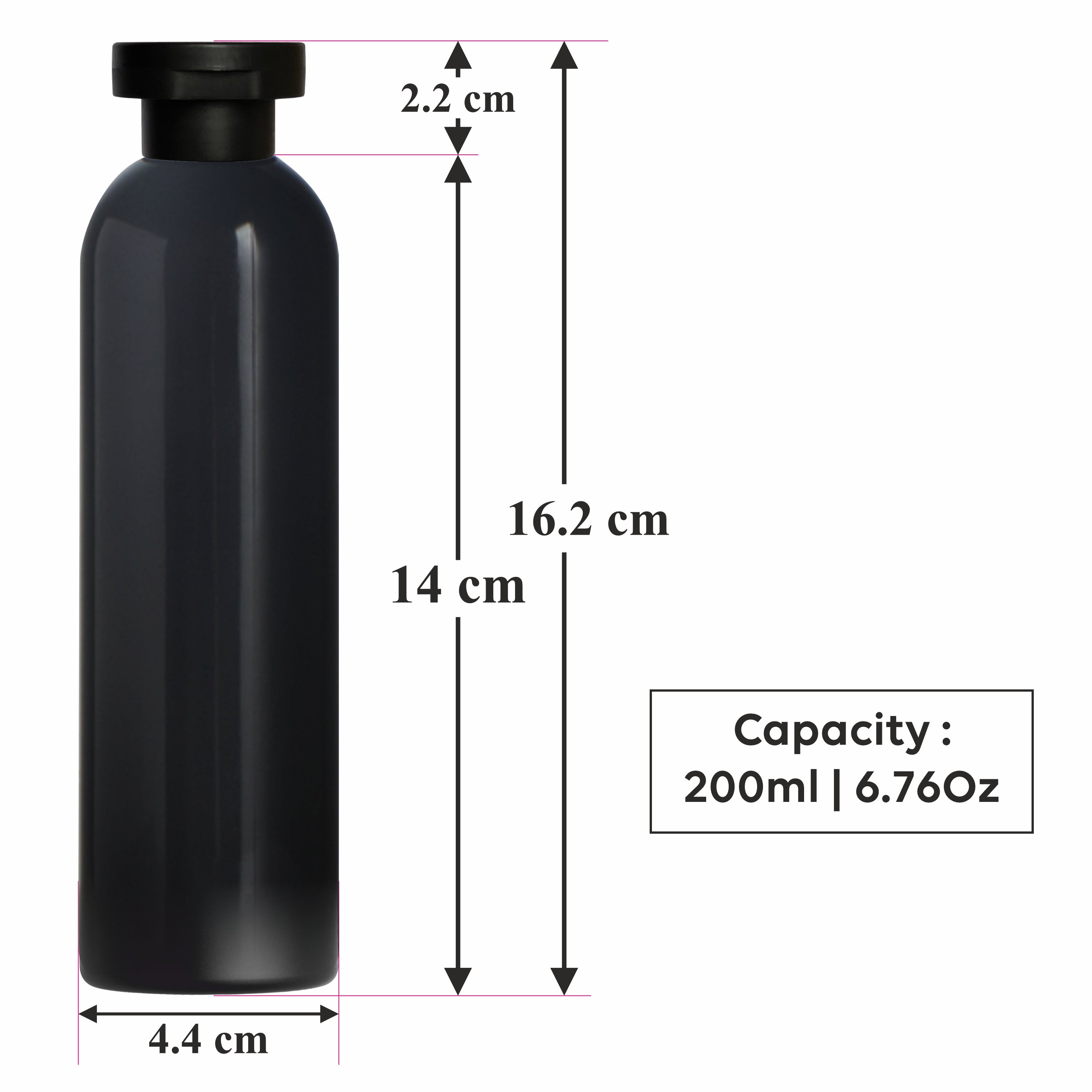 |ZMK47| BLACK COLOR ROUND NECK BOTTLE WITH BLACK ELITE FLIPTOP CAP Available Size: 200ml, 200ml