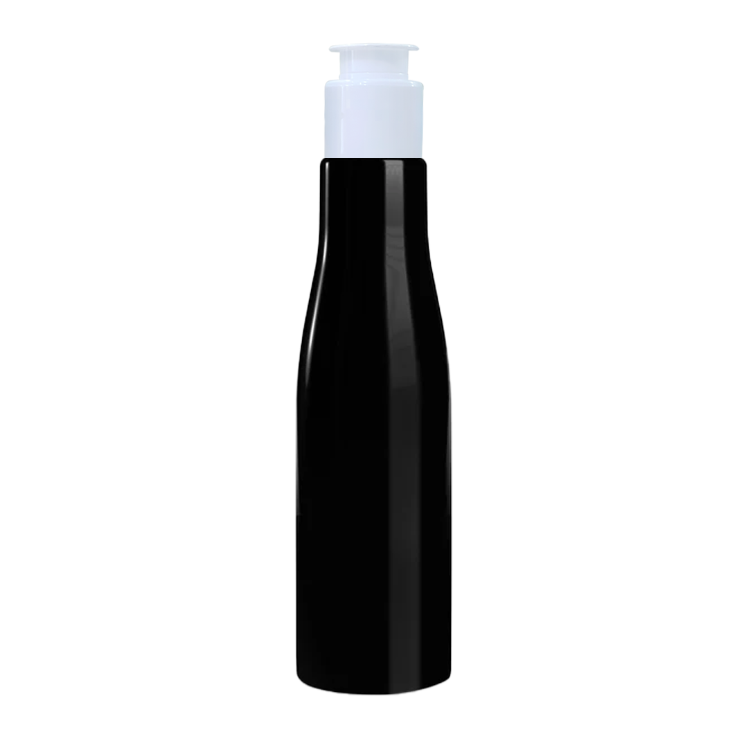 Black Color Asta Bottle , Black PET  Bottle , Zenvista Packagings, Packagings Solution, Kettle cap,  Black Asta Bottle with  White Kettle cap, Cosmetic Bottle, Cosmetic Products, Packaging Bottle For  Shampoo, Lotions, Hand Wash, Body Wash, Mssage Oil