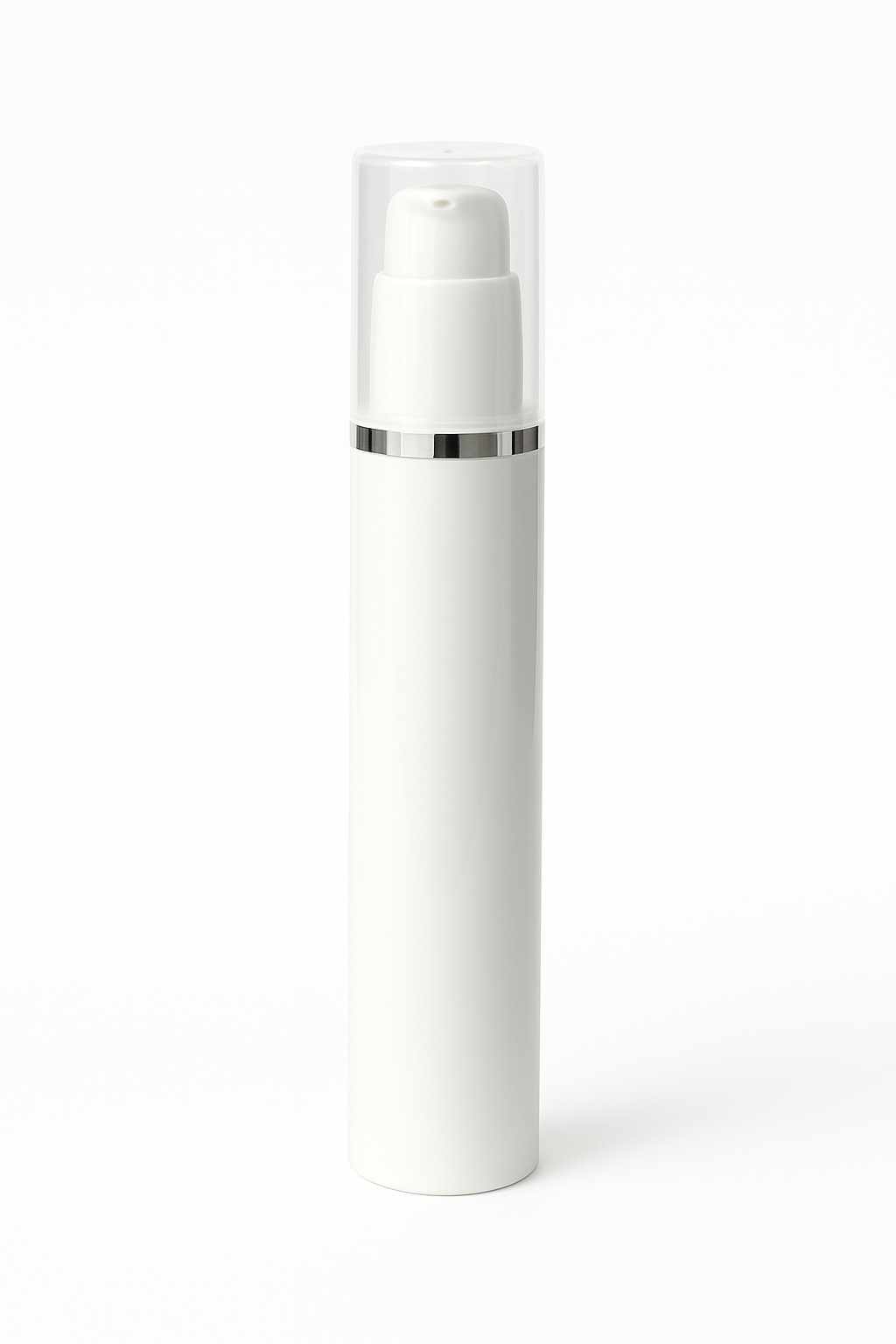 [ZMW119] White Airless Bottle With Lotion Pump & Silver Streak Over Cap