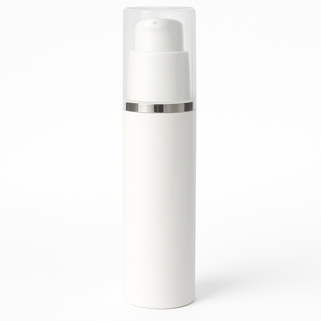 [ZMW119] White Airless Bottle With Lotion Pump & Silver Streak Over Cap