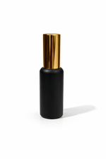 Load image into Gallery viewer, [ZMG191] Black Round Glass Bottle With Long Gold Mist Spray Pump &amp; Gold Overcap - 30ml
