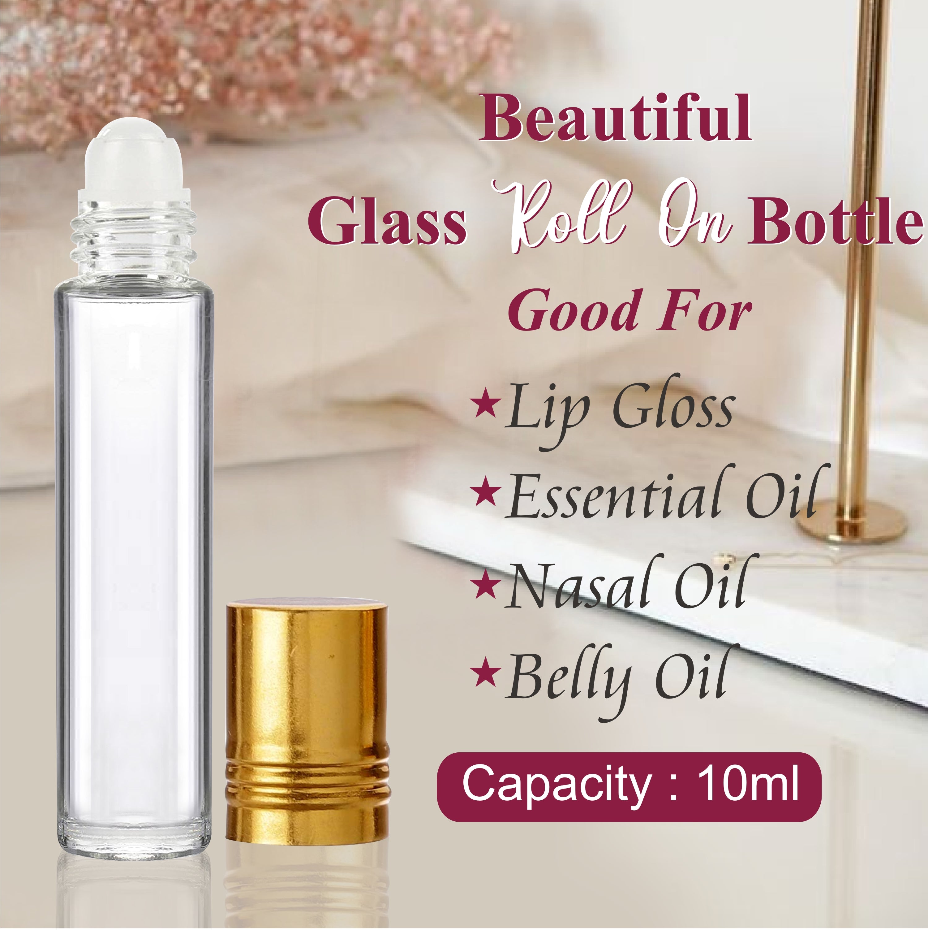 Cosmetic Glass Roll on Bottle with Beautiful Golden Cap - 10ml [ZMG24]