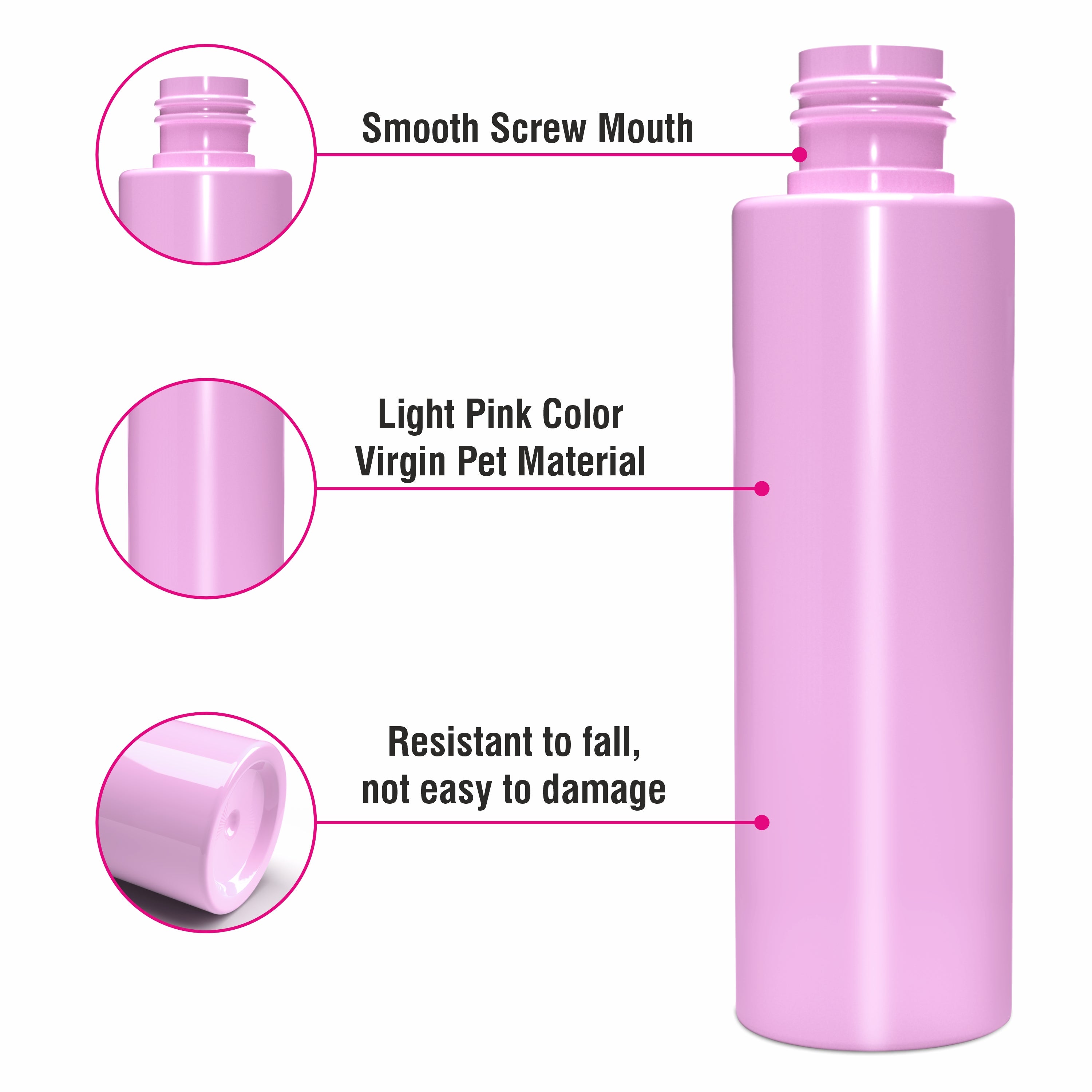 |ZMP04| LIGHT PINK ROUND SHAPE FLAT SHOULDER PET BOTTLE WITH GOLD PLATED ROUND DOME CAP Available Size: 200ml