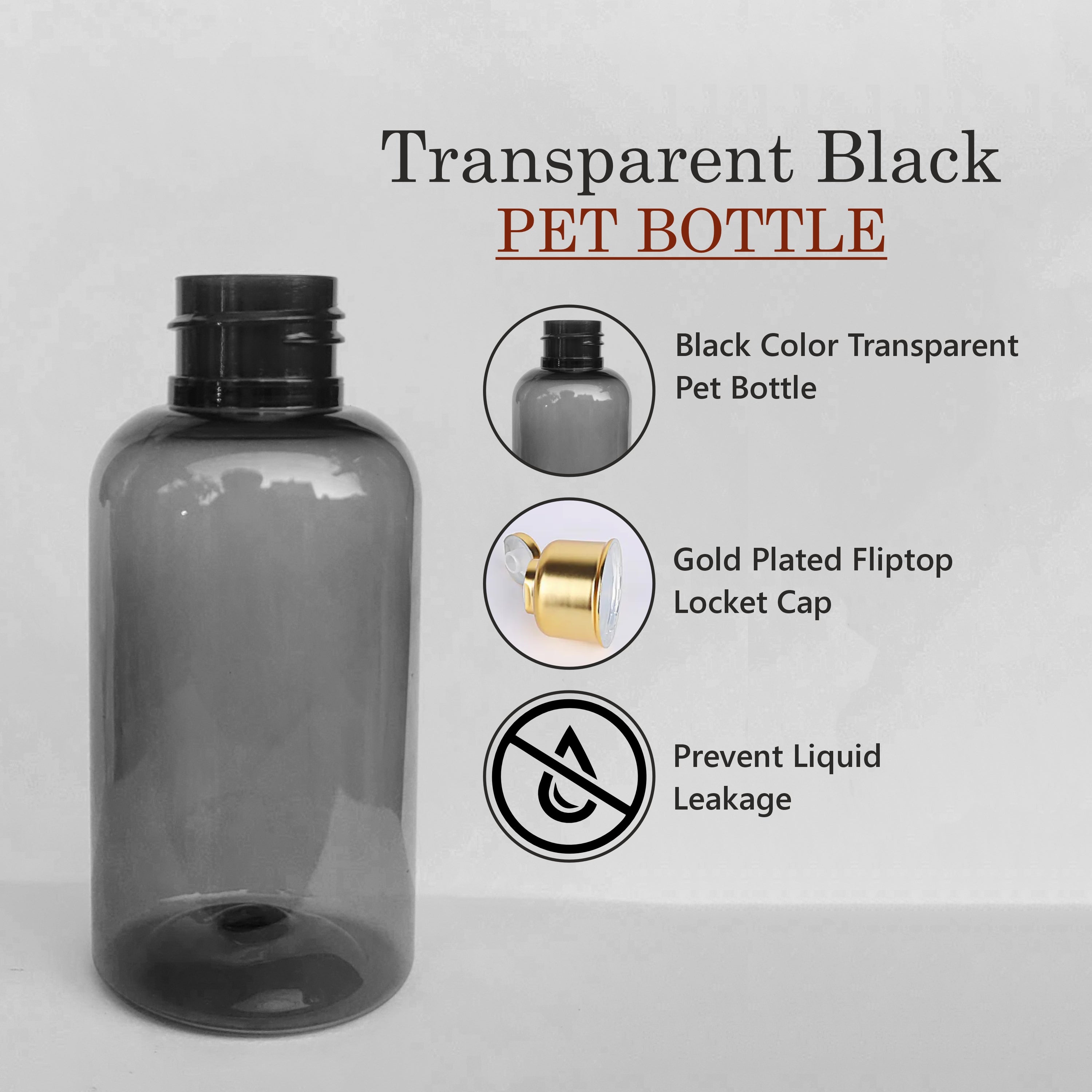 [ZMT104] Transparent Black Color Pet Bottle With Gold Plated Locket Fliptop Cap 100ml