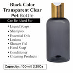 Load image into Gallery viewer, |ZMT102] TRANSPARENT BLACK PET BOTTLE WITH GOLD PLATED DISKTOP CAP 100ml
