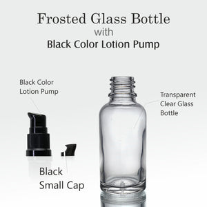 PREMIUM EMPTY TRANSPARENT GLASS BOTTLE WITH BLACK LOTION PUMP AVAILABLE SIZE 15ML, 25ML, 30ML |ZMG39|