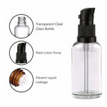 Load image into Gallery viewer, PREMIUM EMPTY TRANSPARENT GLASS BOTTLE WITH BLACK LOTION PUMP AVAILABLE SIZE 15ML, 25ML, 30ML |ZMG39|
