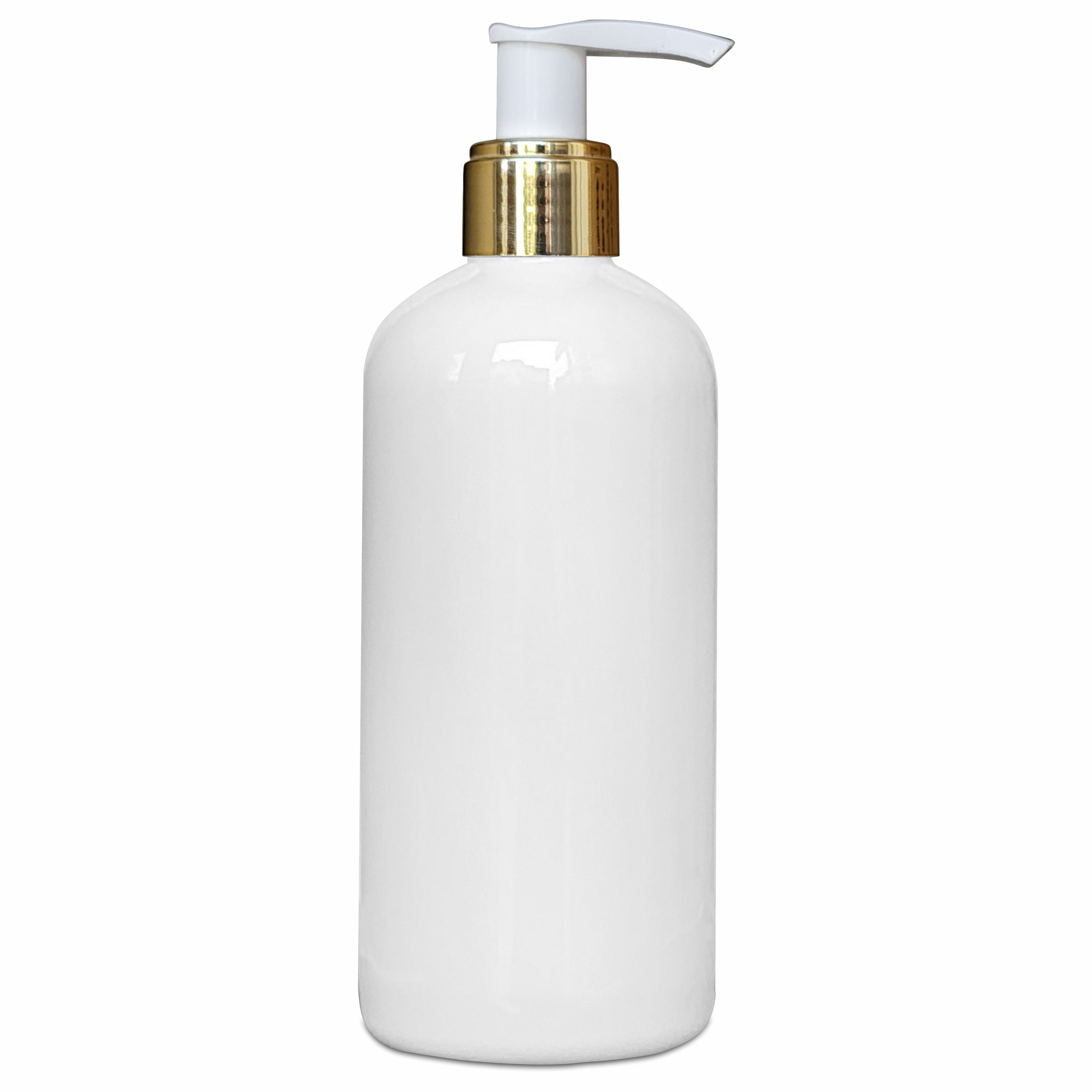 |ZMW74| MILKY WHITE ROUND SHAPE PET BOTTLE WITH GOLD PLATED WHITE COLOR DISPENSER PUMP Available Size: 300ml