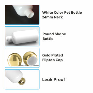 |ZMW76| MILKY WHITE ROUND SHAPE PET BOTTLE WITH GOLD PLATED ROUND DOME CAP Available Size: 300ml