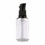 Load image into Gallery viewer, PREMIUM EMPTY TRANSPARENT GLASS BOTTLE WITH BLACK LOTION PUMP AVAILABLE SIZE 15ML, 25ML, 30ML |ZMG39|
