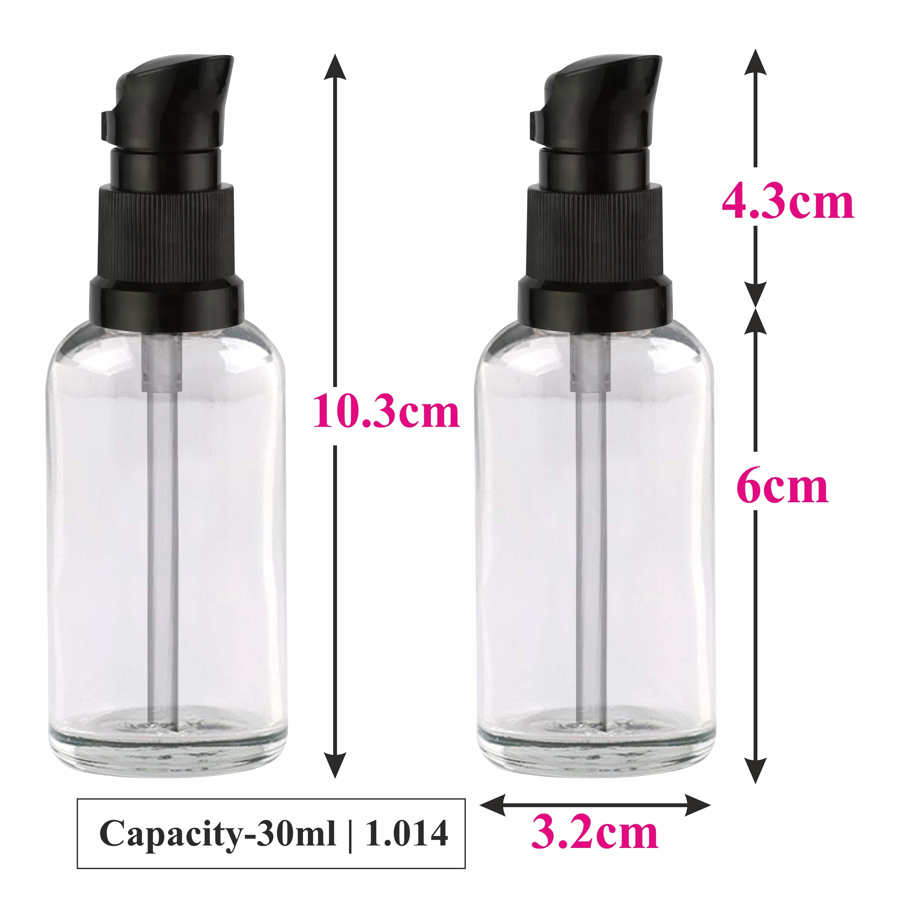 PREMIUM EMPTY TRANSPARENT GLASS BOTTLE WITH BLACK LOTION PUMP AVAILABLE SIZE 15ML, 25ML, 30ML |ZMG39|