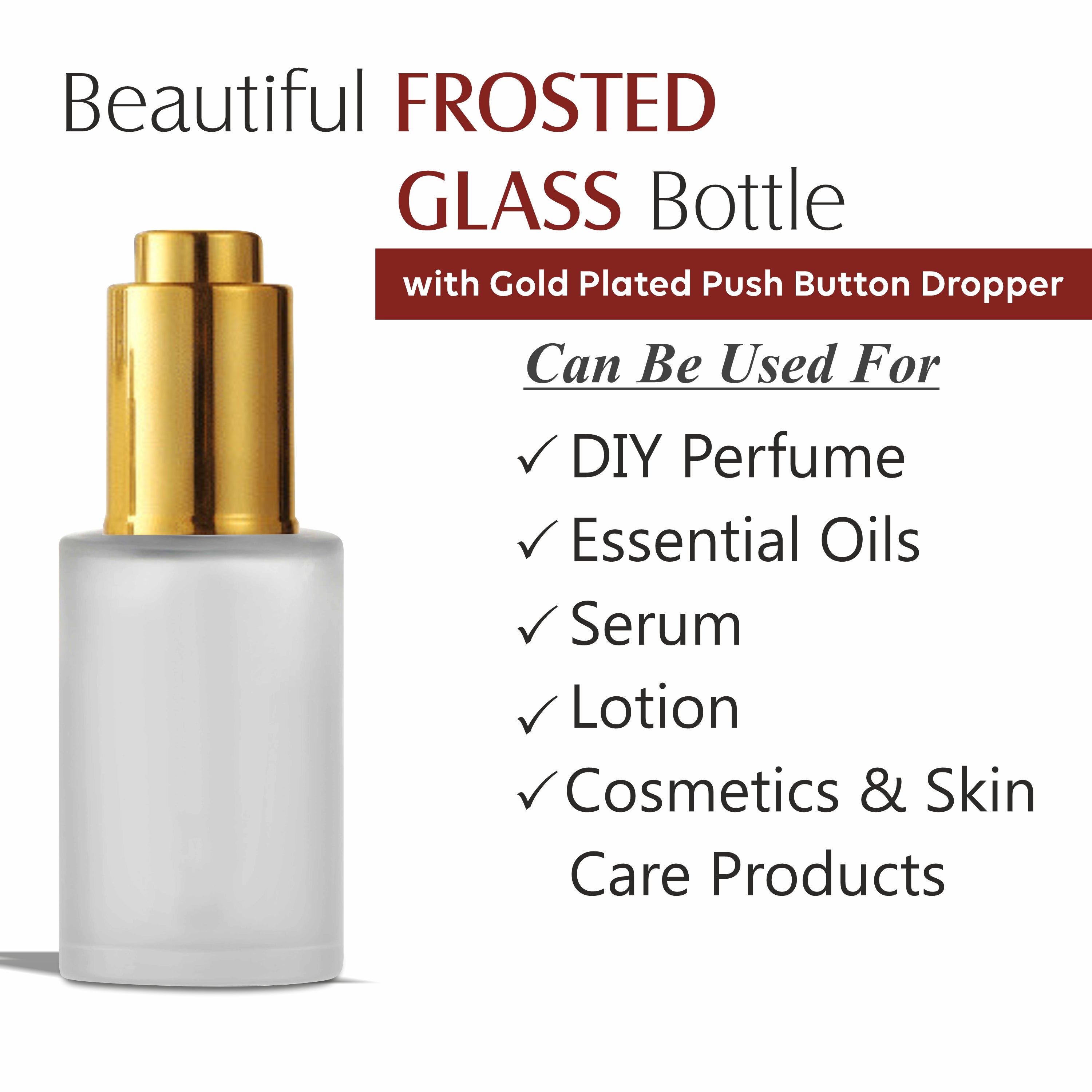 Frosted Glass Bottle With Golden Plated Push Button Dropper [ZMG52] 25ml, 30ml, 50ml, 100ml