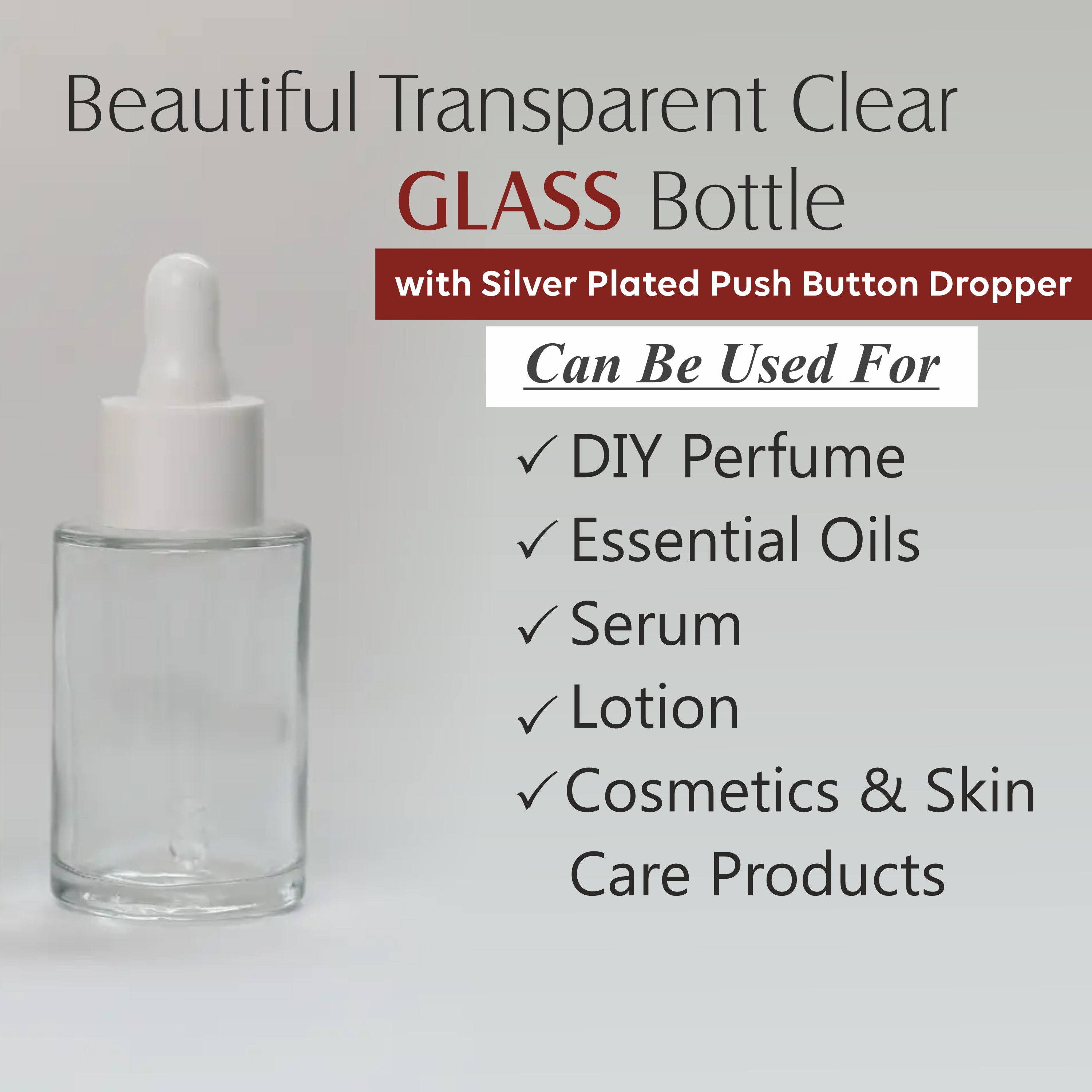 ZMG61 |  BEAUTIFUL TRANSPARENT GLASS BOTTLE WITH WHITE DROPPER | 30ML