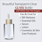 Load image into Gallery viewer, GLASS BOTTLE,CLEAR GLASS BOTTLE,DROPPER BOTTLE,WHITE DROPPER,30ML GLASS BOTTLE,SERUM GLASS BOTTLE,COSMETIC PACKAGING,ENVIROMENT FRIENDLY PACKAGING, TRAVEL SIZE PACKAGING, EMPTY COSMETIC PACKAGING

