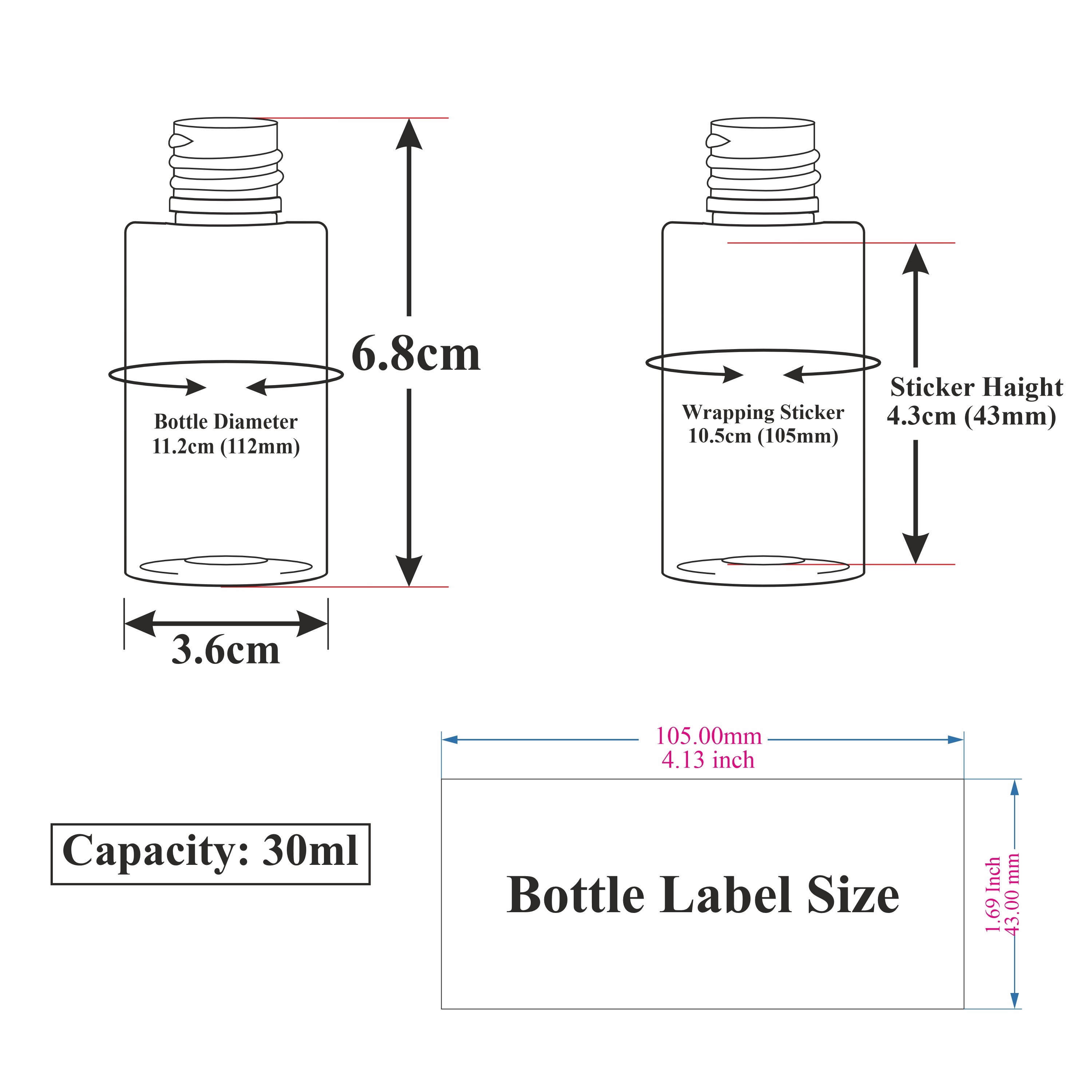 (ZMG104)  Beautiful Clear Transparent Glass Bottle with Black Elite Cap 30ml