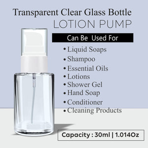 ZMG70 | CLEAR TRANSPARENT GLASS BOTTLE WITH WHITE LOTION PUMP | 30ML