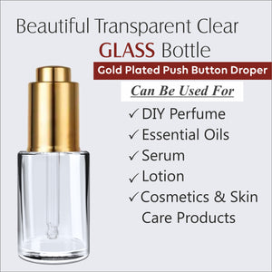 ZMG71 | CLEAR TRANSPARENT GLASS BOTTLE WITH GOLDEN PUSH PUMP | 30ML