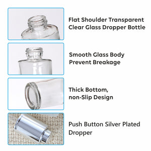 GLASS BOTTLE,CLEAR GLASS BOTTLE,DROPPER BOTTLE,WHITE DROPPER,30ML GLASS BOTTLE,SERUM GLASS BOTTLE,COSMETIC PACKAGING,ENVIROMENT FRIENDLY PACKAGING, TRAVEL SIZE PACKAGING, EMPTY COSMETIC PACKAGING,FLIP TOP CAP,GOLD FLIP TOP CAP,SILVER PUSH PUMP, COSMETIC BOTTLE