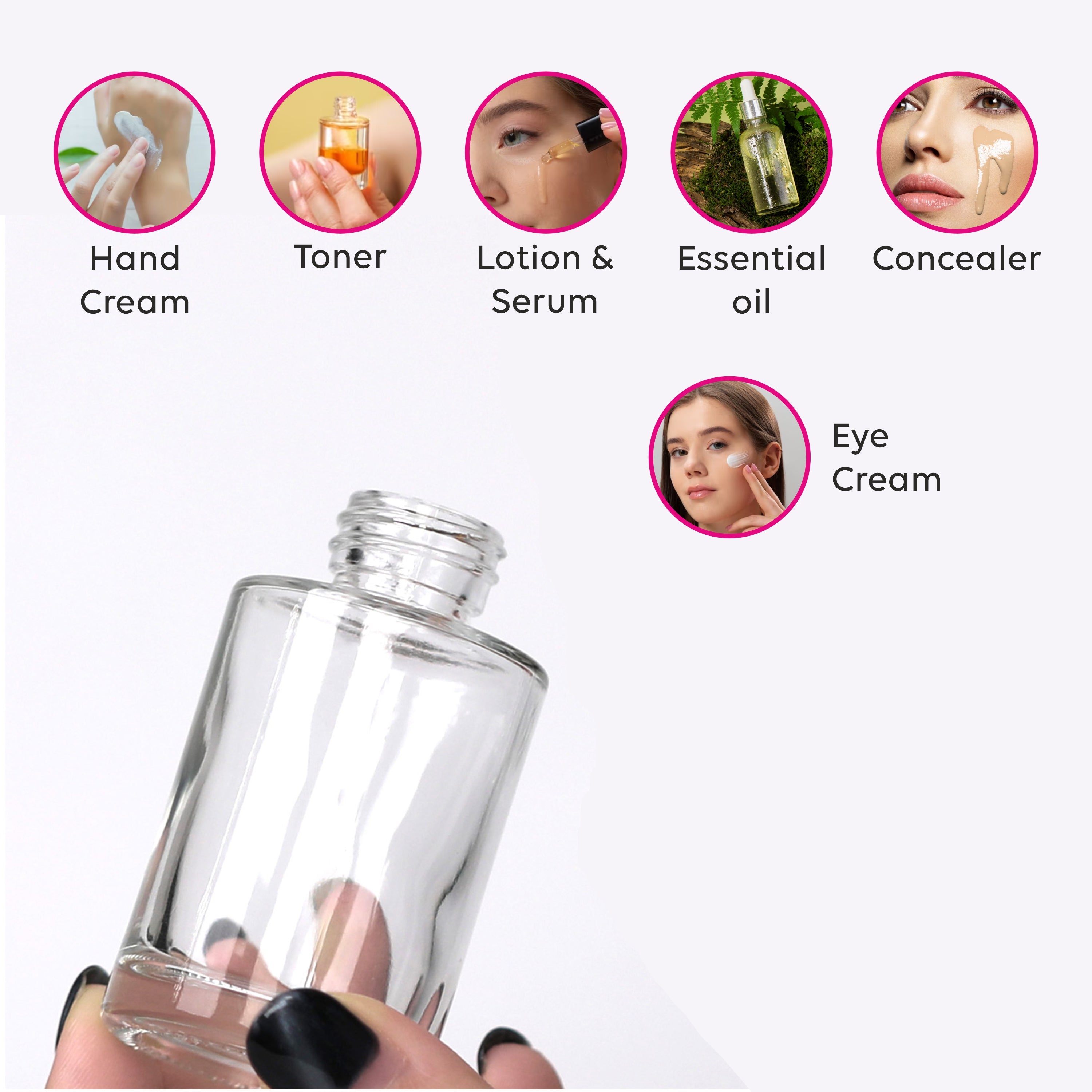 GLASS BOTTLE,CLEAR GLASS BOTTLE,DROPPER BOTTLE,WHITE DROPPER,30ML GLASS BOTTLE,SERUM GLASS BOTTLE,COSMETIC PACKAGING,ENVIROMENT FRIENDLY PACKAGING, TRAVEL SIZE PACKAGING, EMPTY COSMETIC PACKAGING,FLIP TOP CAP,GOLD FLIP TOP CAP,SILVER PUSH PUMP, COSMETIC BOTTLE