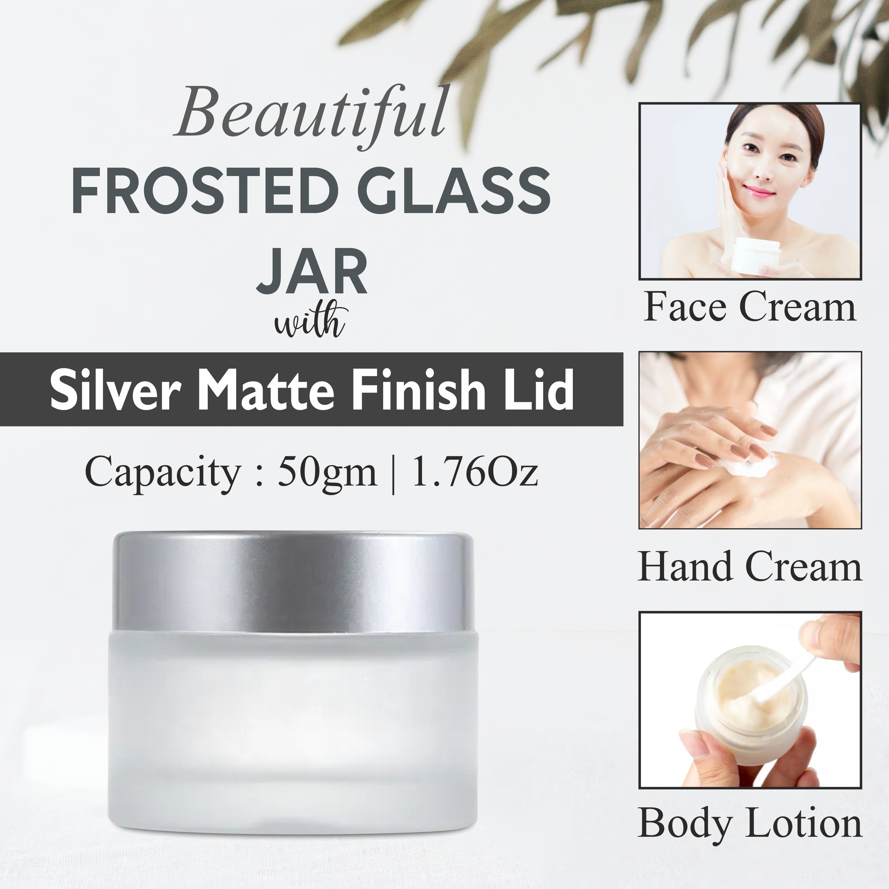 JARS,GLASSJAR,FROSTED GLASS JAR,GLASS JAR WITH SILVER CAP,CREAM JAR,COSMETIC JAR,COSMETIC PACKAGING,BODY BUTTER JAR,50GN GLASS JAR,