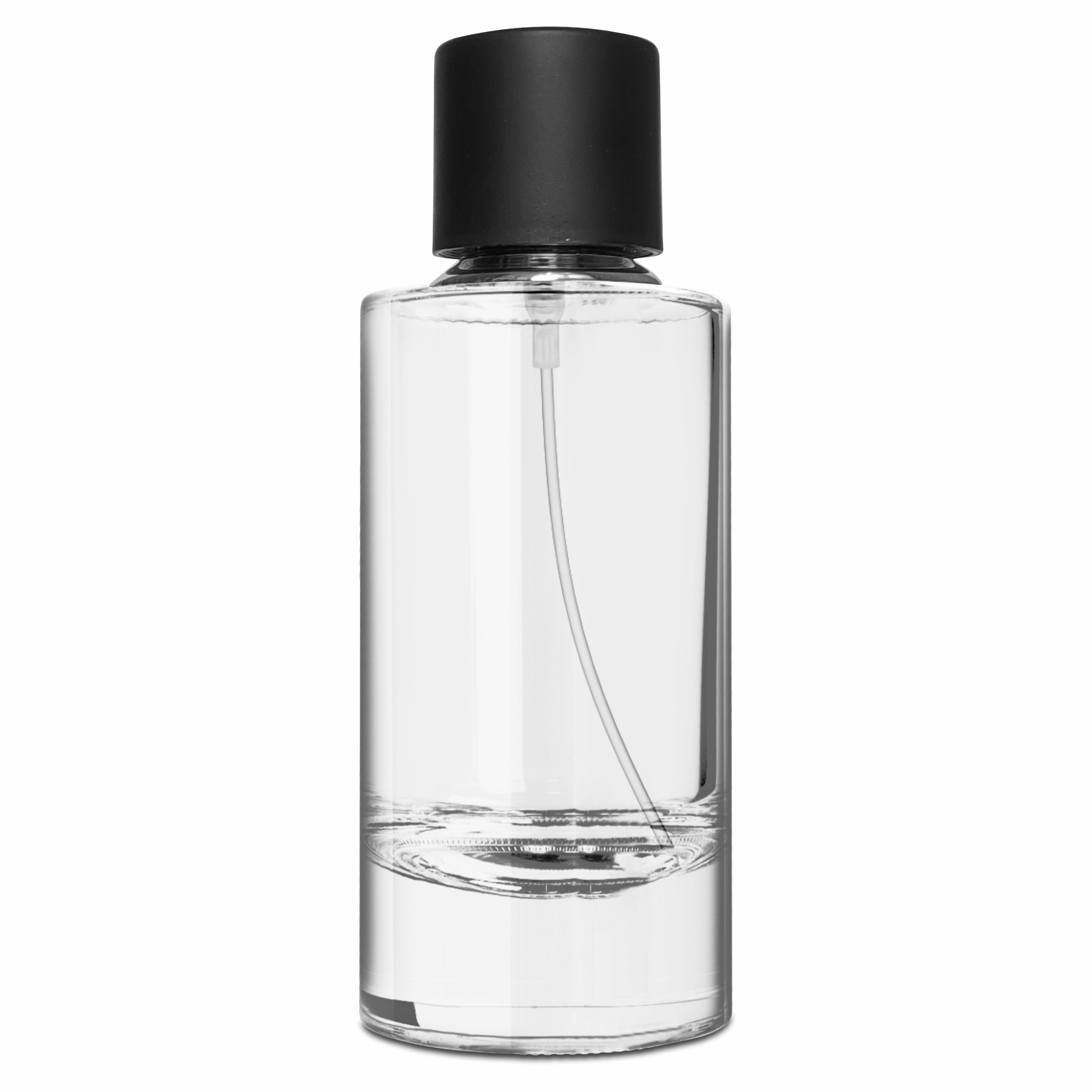 ( ZMS14 ) Transparent Round Glass Perfume Bottle With Simple Black Screw Cap | 50ml