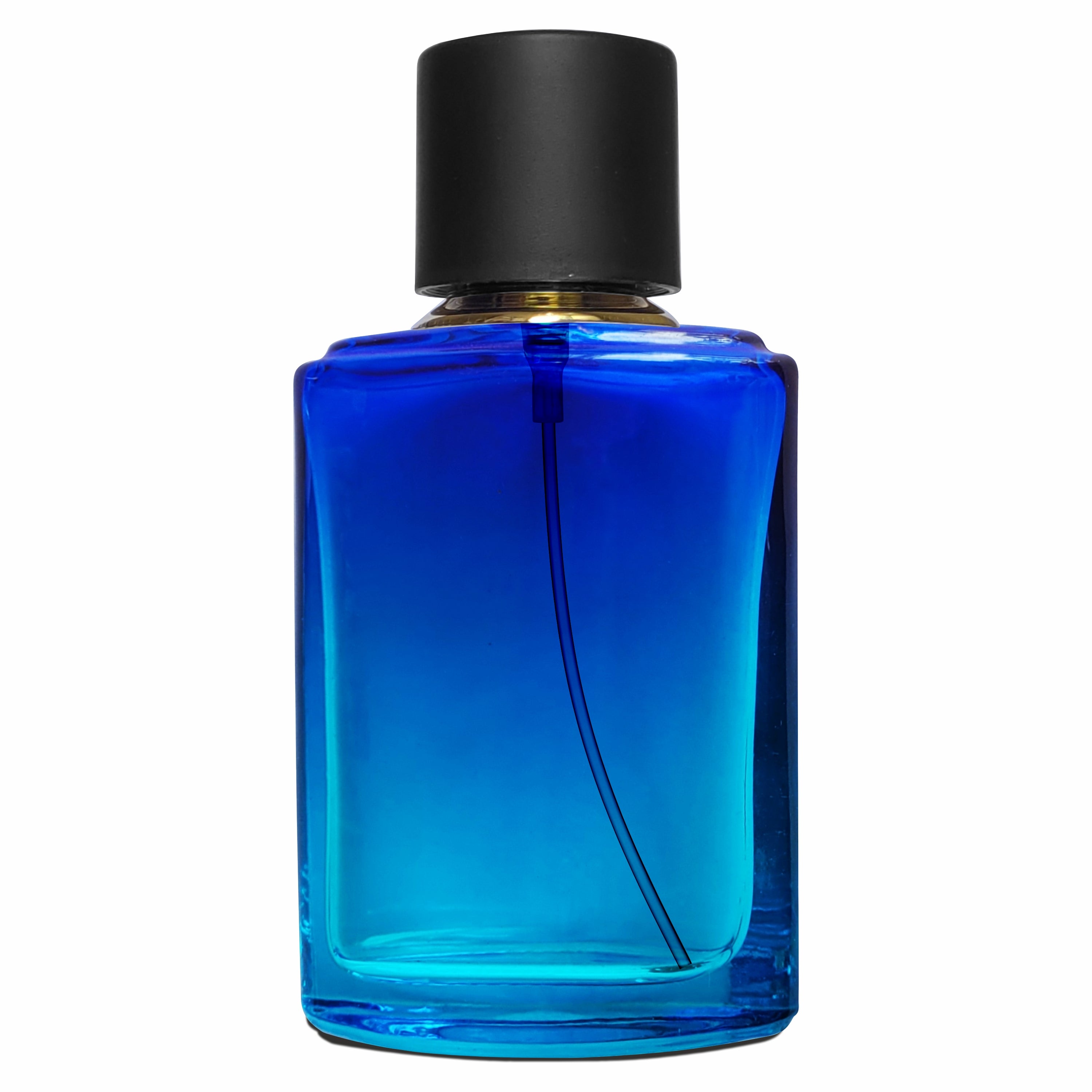 ( ZMS19 ) Transparent Blue Golden Neck Perfume Bottle With Simple Black Screw Cap | 50ml