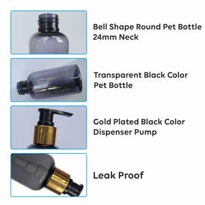 ZMT101 | TRANSPARENT BLACK COLOR PET BOTTLE WITH GOLD PLATED BLACK DISPENSER PUMP | 100ML