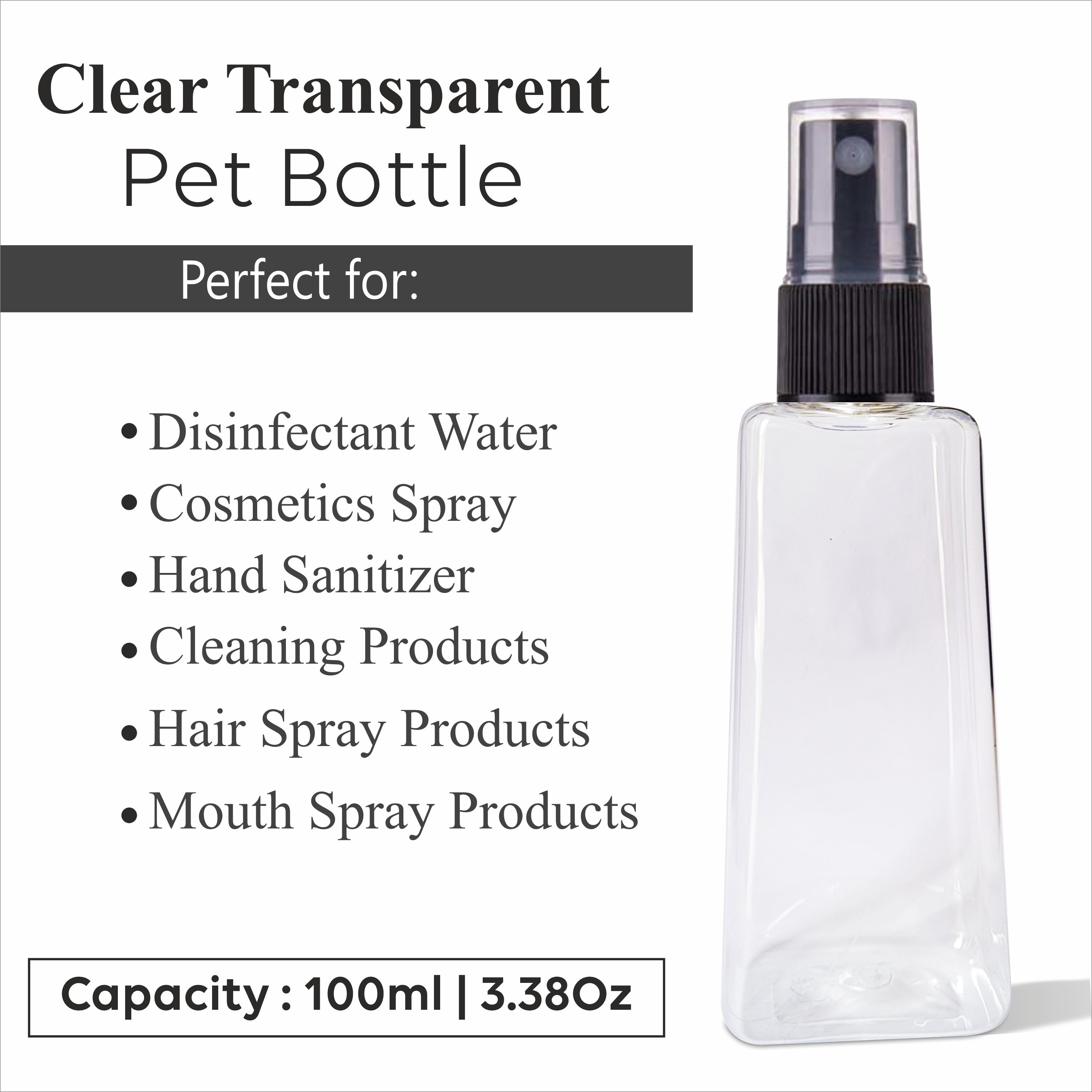 Pyramid Shape Clear Transparent Pet Bottle With Black Mist Spray Pump 100ml [ZMT88]