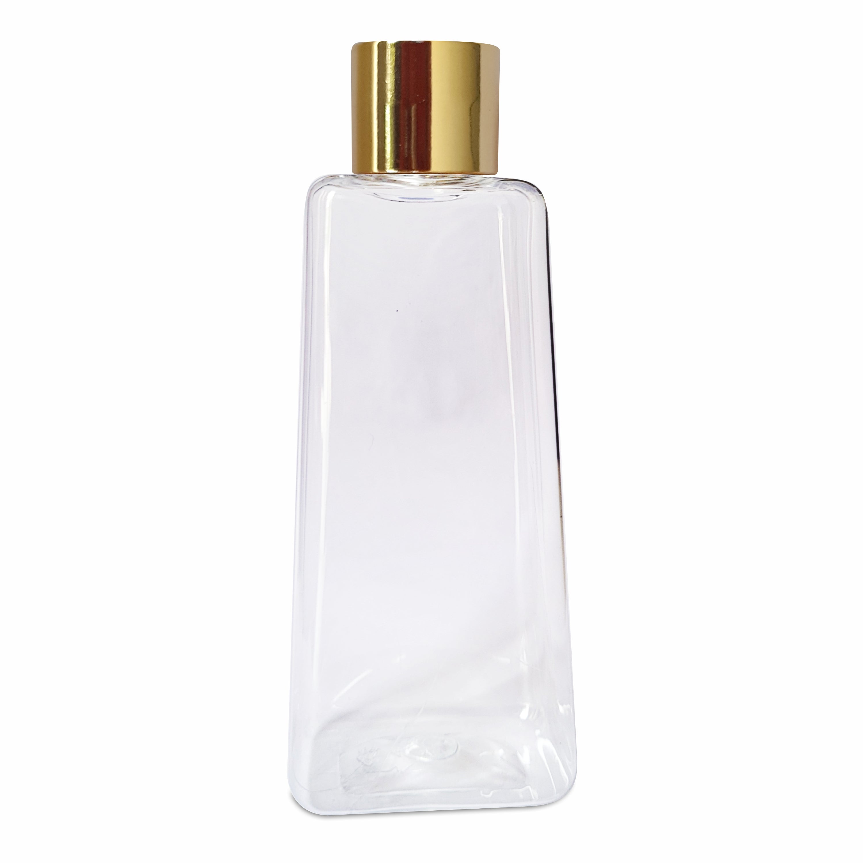 Pyramid Shape Clear Transparent Pet Bottle With Gold Plated Screw Cap 100ml [ZMT89]