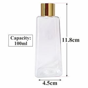 Pyramid Shape Clear Transparent Pet Bottle With Gold Plated Screw Cap 100ml [ZMT89]
