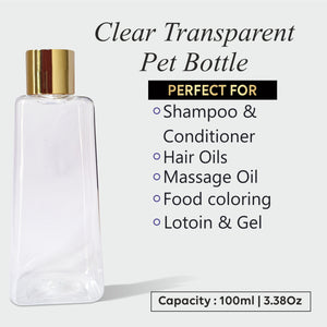 Pyramid Shape Clear Transparent Pet Bottle With Gold Plated Screw Cap 50ml & 100ml [ZMT89]