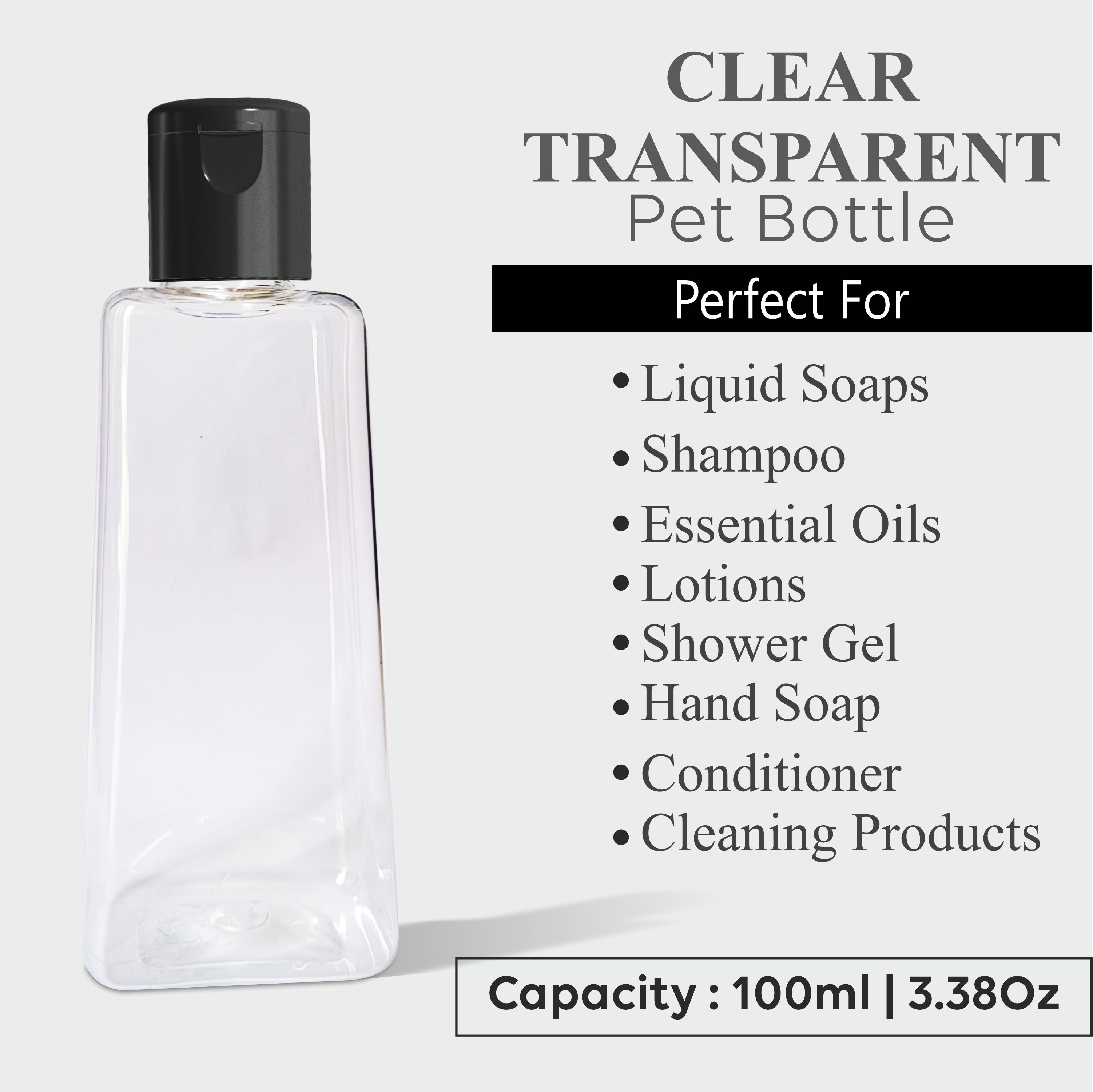 Pyramid Shape Clear Transparent Pet Bottle With Black Fliptop Cap 100ml [ZMT90]