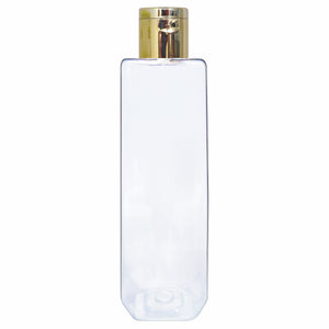 |ZMT94 TRANSPARENT CLEAR CETRA PET BOTTLE WITH GOLD PLATED FLIPTOP CAP 200ml