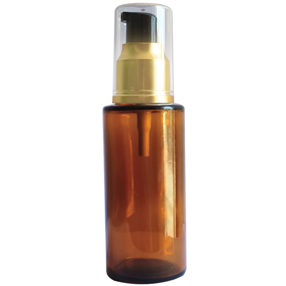 (ZMG109) AMBER COLOR GLASS BOTTLE WITH GOLD PLATED BLACK LOTION PUMP  30ML, 50ML