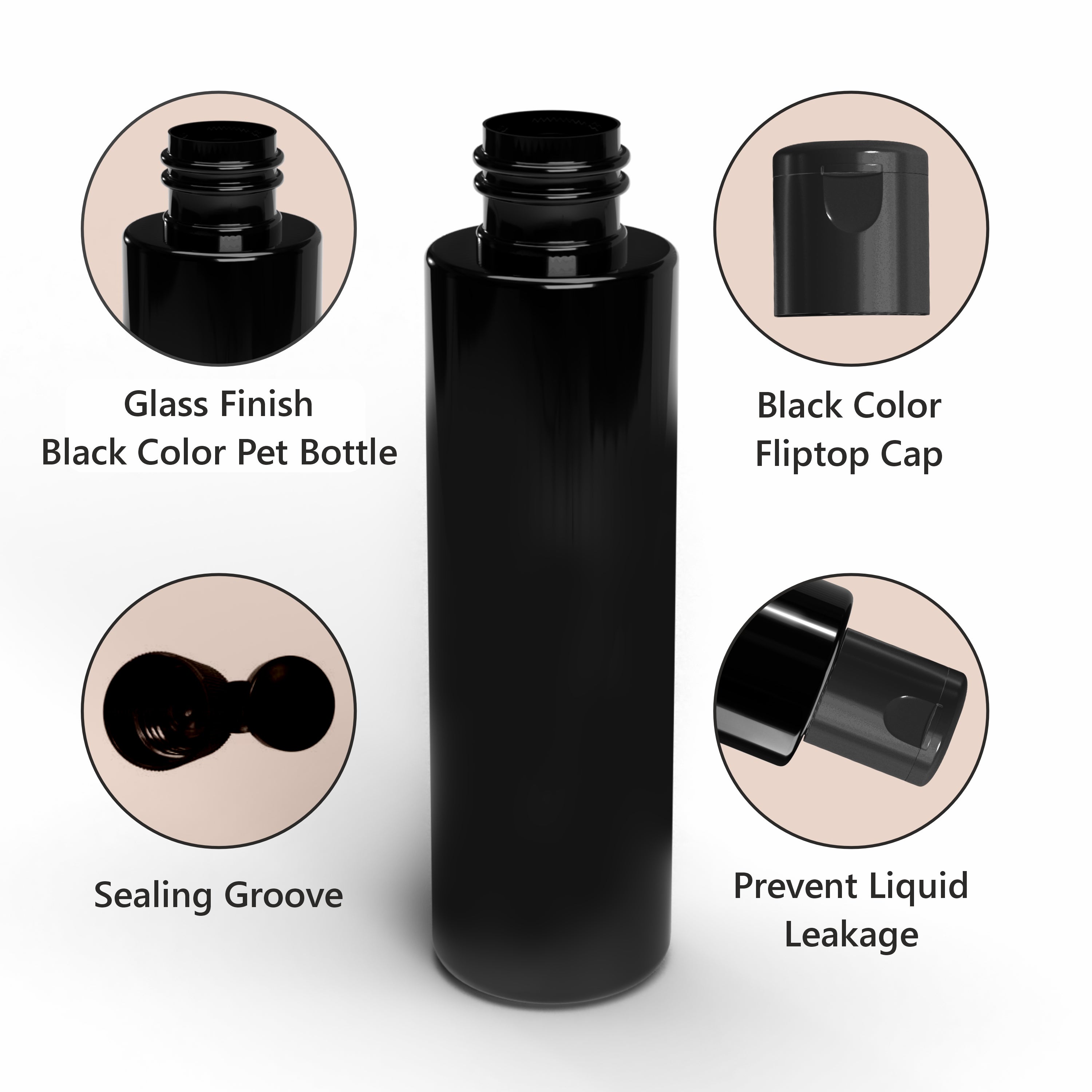 Black Color Premium Empty Pet Bottles With Black Flip-Top Cap 200ML [ZMK37]