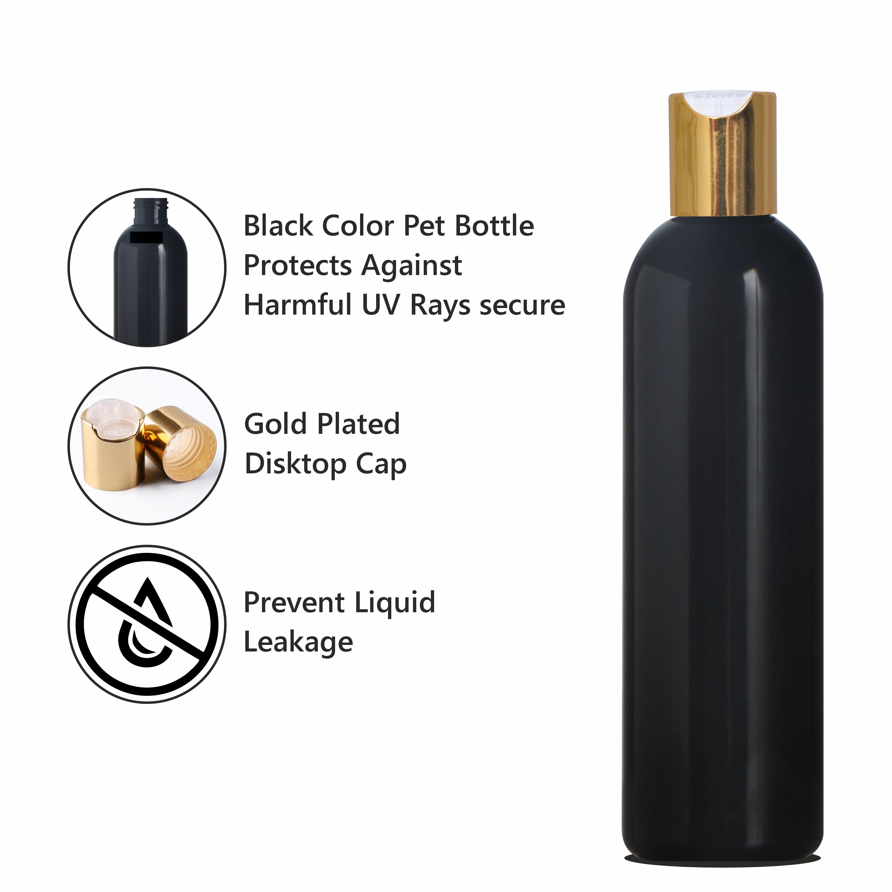 |ZMK23| BLACK COLOR BOTTLE WITH GOLDEN/WHITE DISKTOP CAP Available Size: 200ml