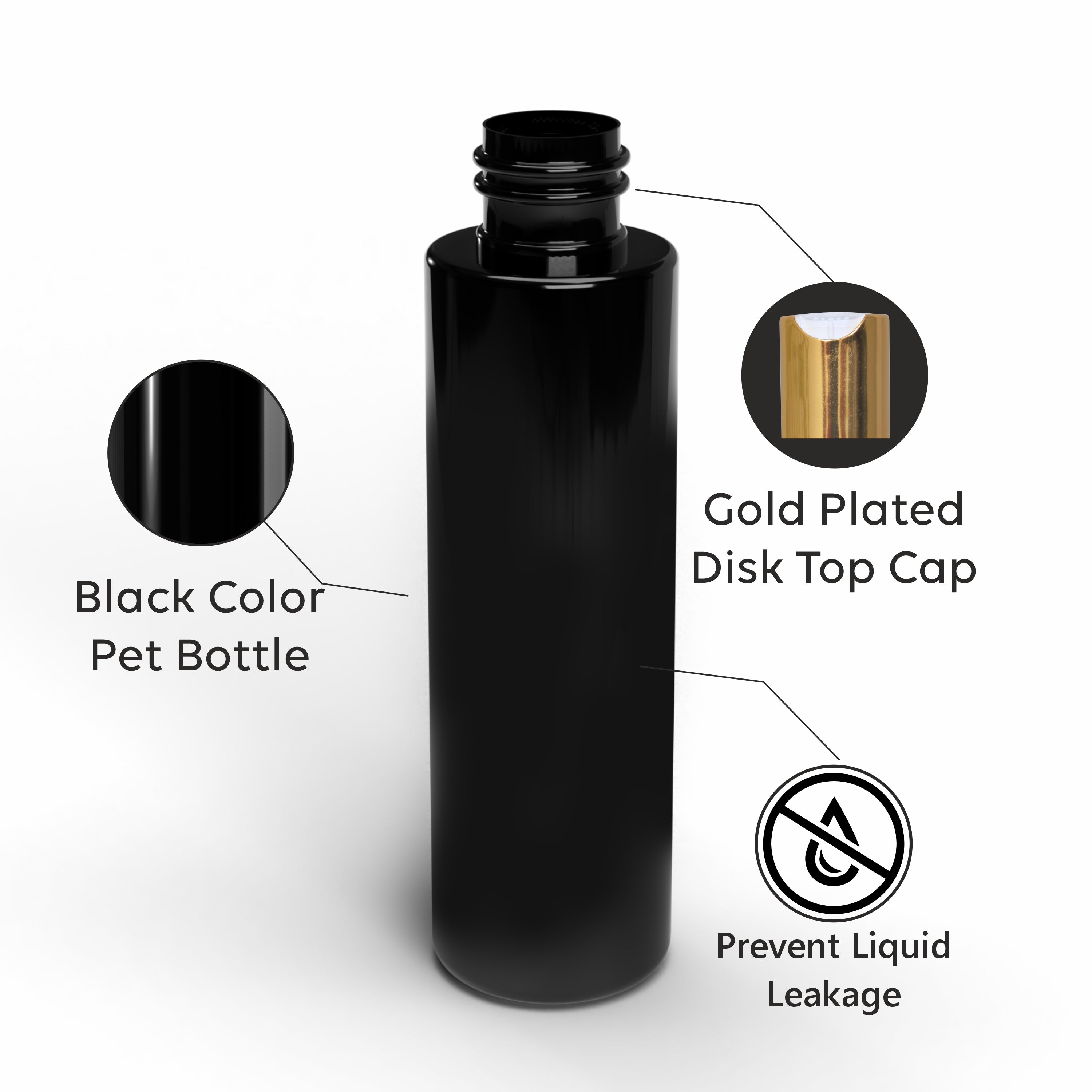 Black Color Premium Empty Pet Bottles With Gold Plated  Disktop Cap 200ML [ZMK42]