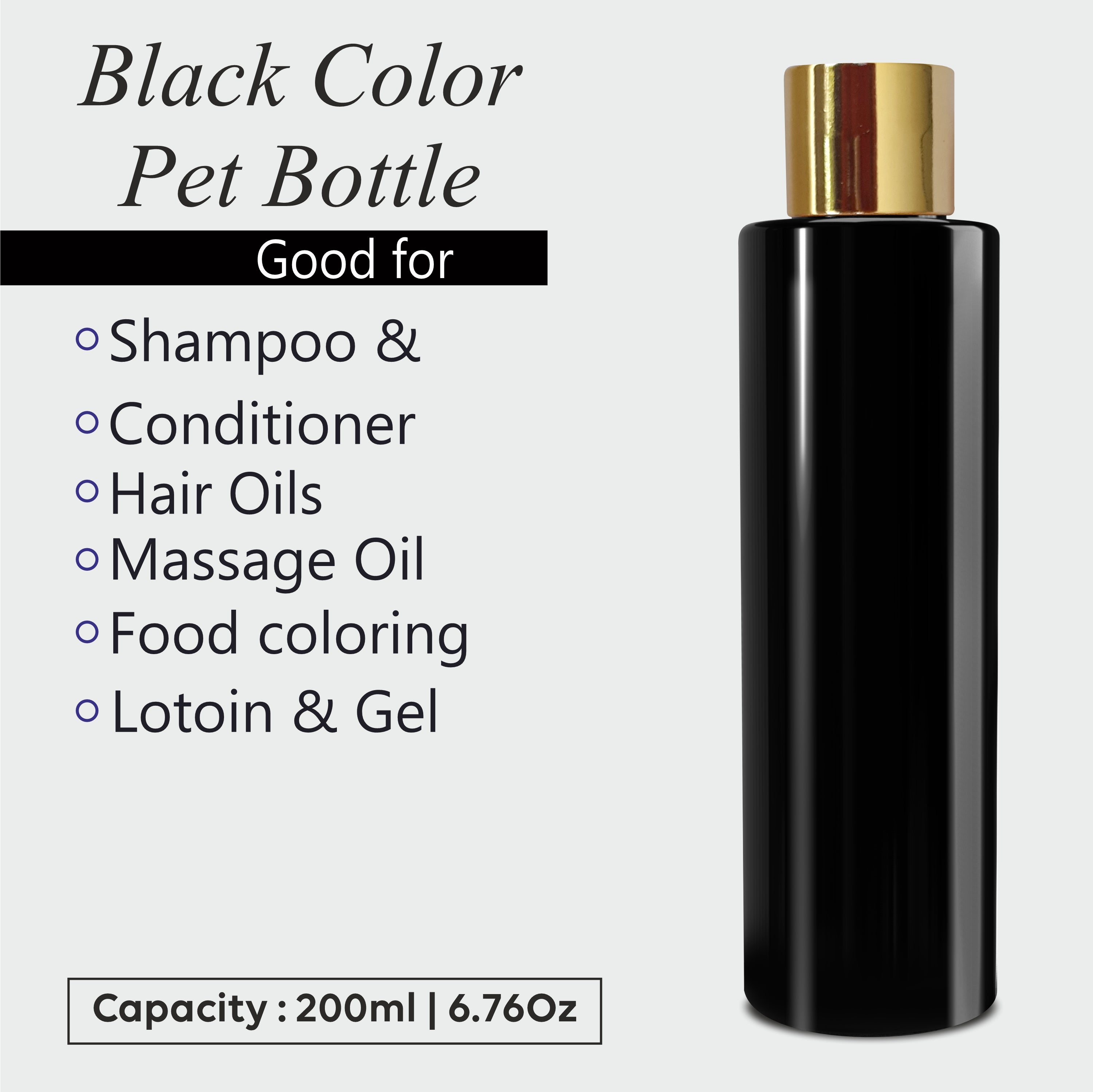 Black Color Premium Empty Pet Bottles With Gold Plated Screw Cap 100ML & 200ML [ZMK36]