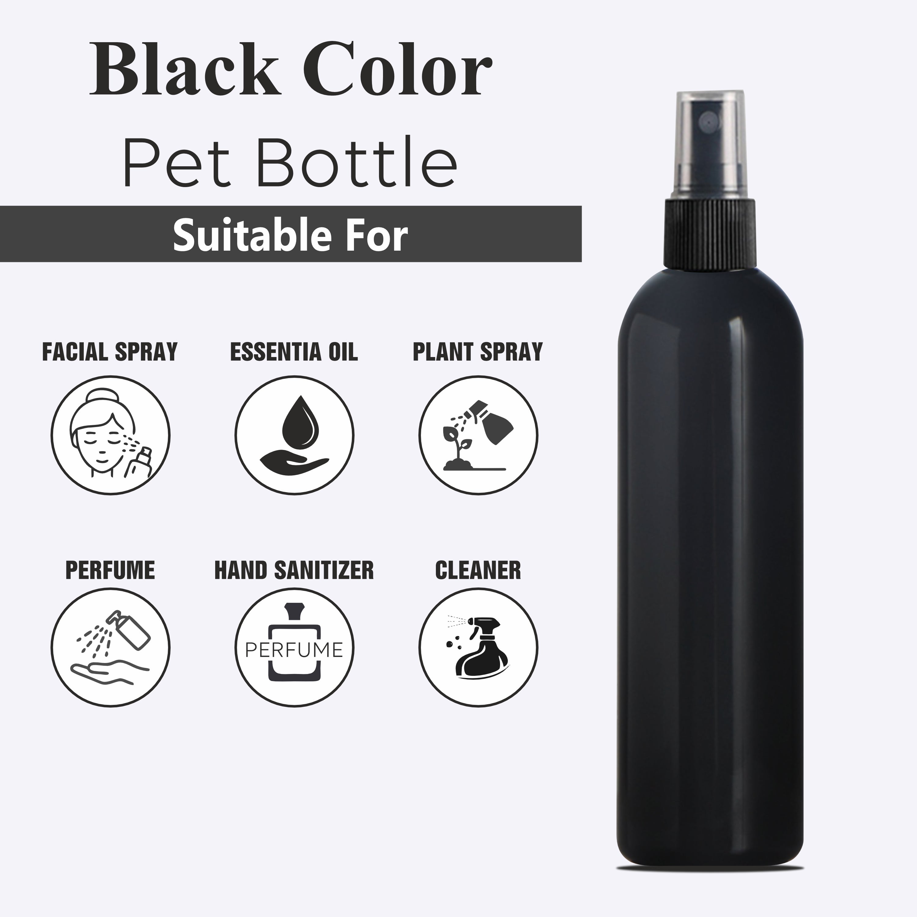 [ZMK44] BLACK COLOR PET ROUND BOTTLE WITH BEAUTIFUL BLACK SPRAY PUMP | 100ML & 200ML