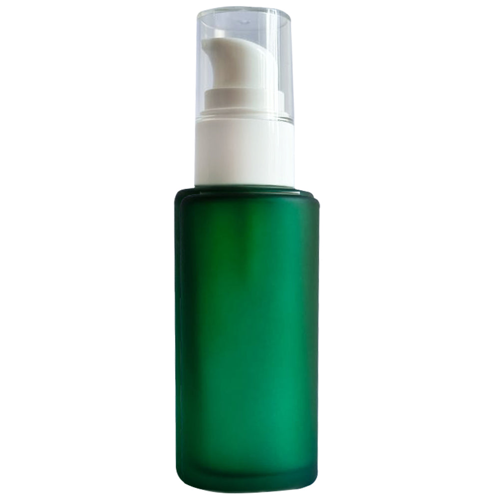 (ZMG106) DARK GREEN FROSTED GLASS BOTTLE WITH WHITE LOTION PUMP  30ml, 50ML