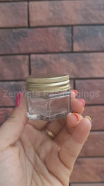 Load and play video in Gallery viewer, |ZMJ27|  Empty Transparent Clear Glass Jar with Dull Green Tin Lid  | 25gm &amp; 30gm |
