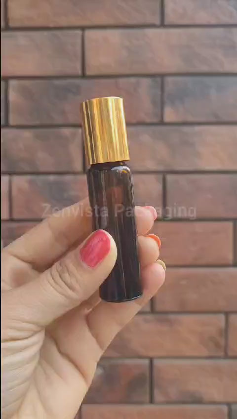 ZMG48| Amber Color Glass Roll On Bottle With Golden Screw Cap-10ml