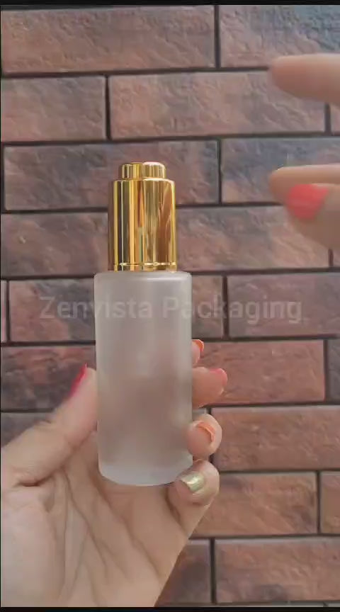 Frosted Glass Bottle With Golden Plated Push Button Dropper [ZMG52] 25ml, 30ml, 50ml, 100ml