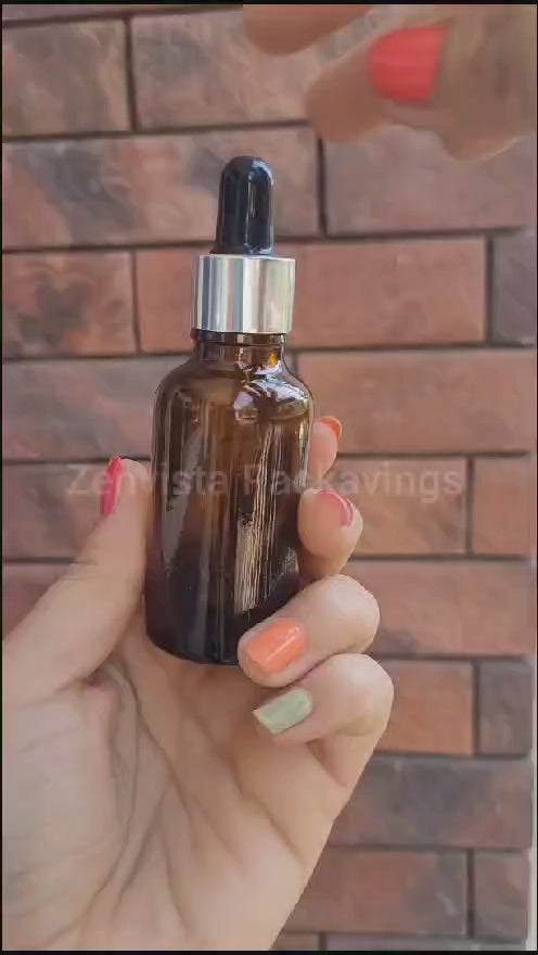 Amber Color Glass Bottle With  Silver Plated Black Dropper -10ml, 15ml, 20ml, 25ml, 30ml  [ZMG20]