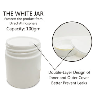 empty white bottles, cosmetic jars , empty jars , white jars , white cap jars , 100 gm empty white jars , golden lining jars , 100gm white color jars , reusable jars , cosmetic jars , zenvista , premium jars, double lid jars , zenvista double lid white jars , empty cosmetic jars . 100 gm jars , 100gm white jars